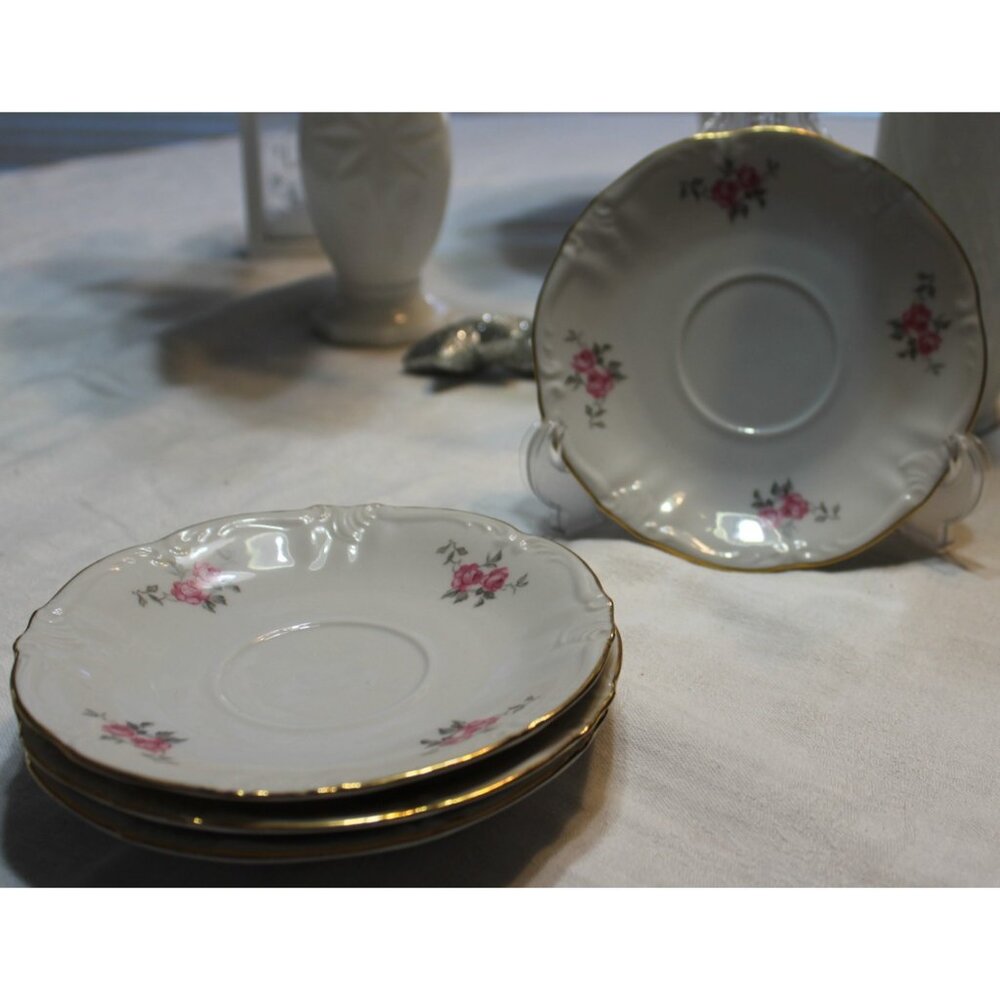 Winterling Bavaria PInk Roses Germany Gold Scalloped Edges 4 Pcs Tea Saucers 6"